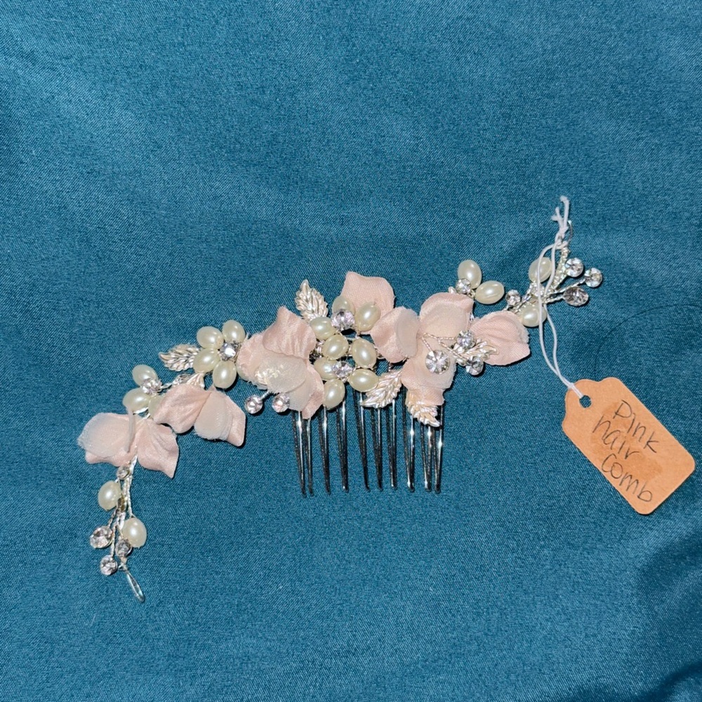 Pink and White Floral Hair Comb with Diamonds + Pearl Accents
